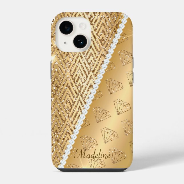 Imitate Gold & Diamonds iPhone 14 Grosses Gehäuse, Hülle (Rückseite)