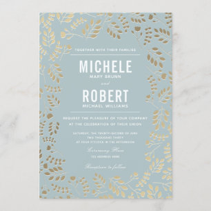Imitate Gold Dusty Blue Botanical Wedding Einladun Einladung