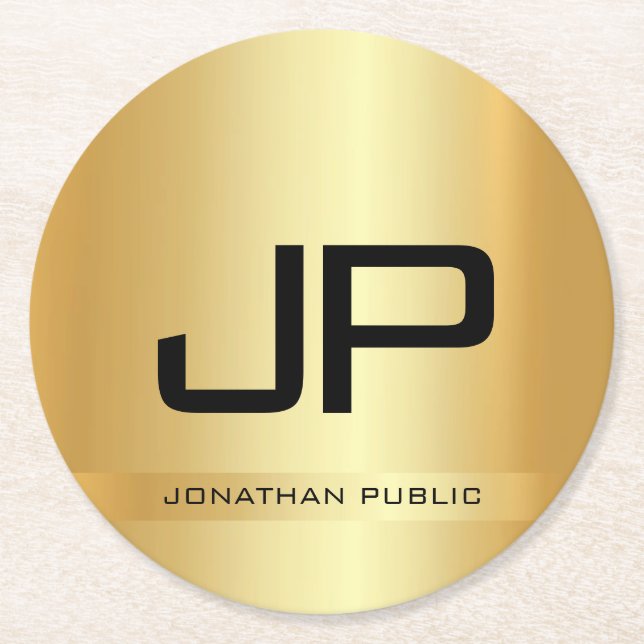 Imitate Gold Elegante Mit Monogramm Vorlage Modern Runder Pappuntersetzer (Vorderseite)