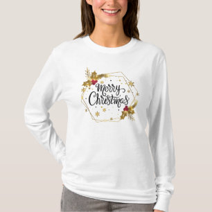 Imitate Gold Floral Frohe Weihnachten Sleeve Shi T-Shirt