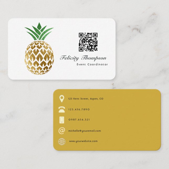 Imitate Gold Foil Ananas QR Code Visitenkarte (Vorne/Hinten)
