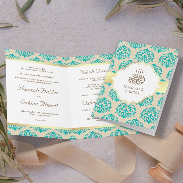 Imitate Gold Foil Aquamarin Blue Damask muslimisch Einladung (Von Creator hochgeladen)