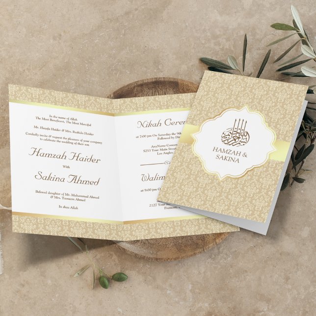 Imitate Gold Foil Beige Damask muslimische Hochzei Einladung (Von Creator hochgeladen)