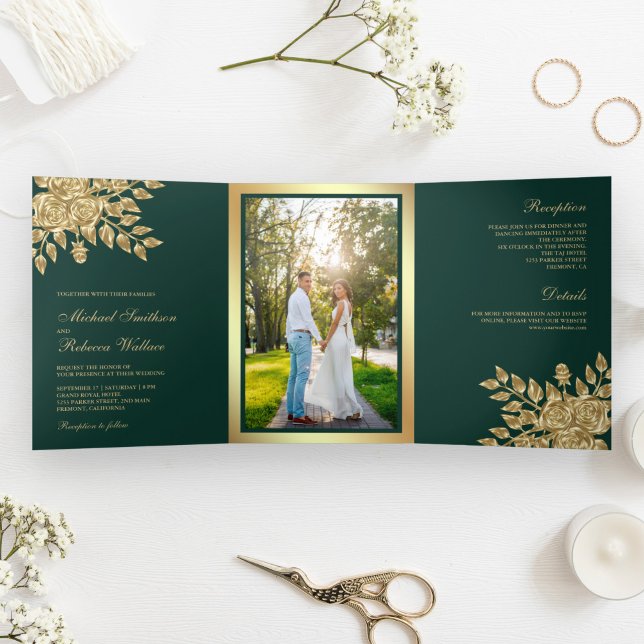 Imitate Gold Foil Blätter Blumengrün Hochzeit Dreifach Gefaltete Einladung (Von Creator hochgeladen)