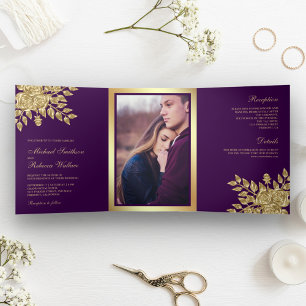 Imitate Gold Foil Blätter Lila Hochzeit Dreifach Gefaltete Einladung