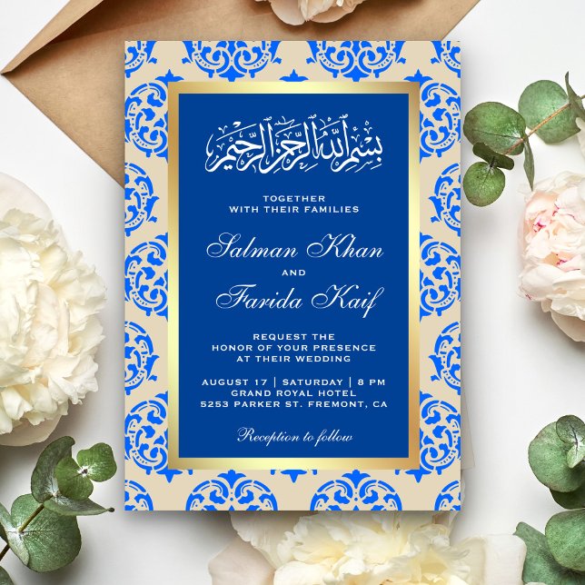 Imitate Gold Foil Blue Damask Islamische Hochzeit Einladung (Von Creator hochgeladen)