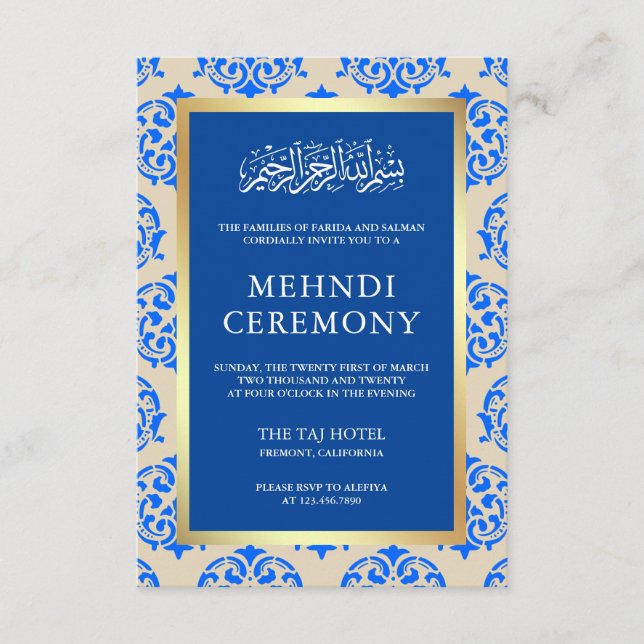 Imitate Gold Foil Blue Damask Islamische Mehndi Ze Begleitkarte (Vorderseite)