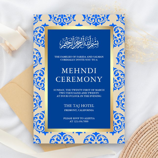 Imitate Gold Foil Blue Damask Islamische Mehndi Ze Begleitkarte (Von Creator hochgeladen)