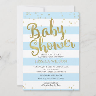 Imitate Gold Foil, Blue Stripes Babydusche Junge Einladung