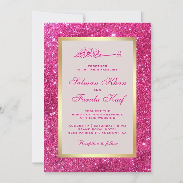 Imitate Gold Foil Bright Pink Glitzer Islamische H Einladung (Vorderseite)