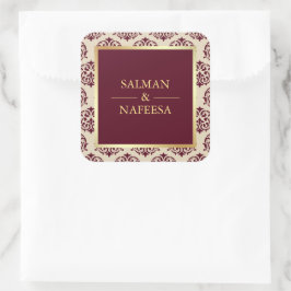 Imitate Gold Foil Burgundy Damask Hochzeit Quadratischer Aufkleber