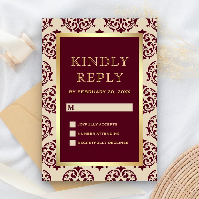 Imitate Gold Foil Burgundy Damask Hochzeit RSVP Karte (Von Creator hochgeladen)