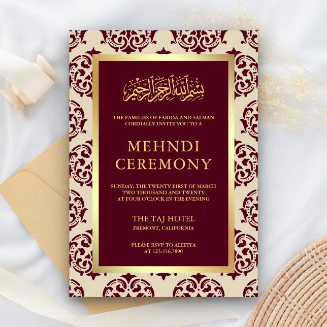 Imitate Gold Foil Burgundy Damask Islamic Mehndi Begleitkarte (Von Creator hochgeladen)