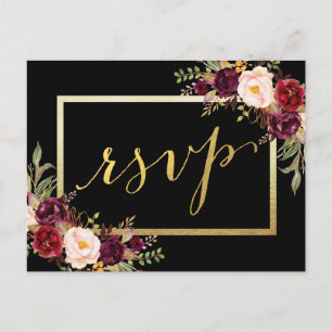 Imitate Gold Foil Burgundy Floral Black Wedding RS Postkarte