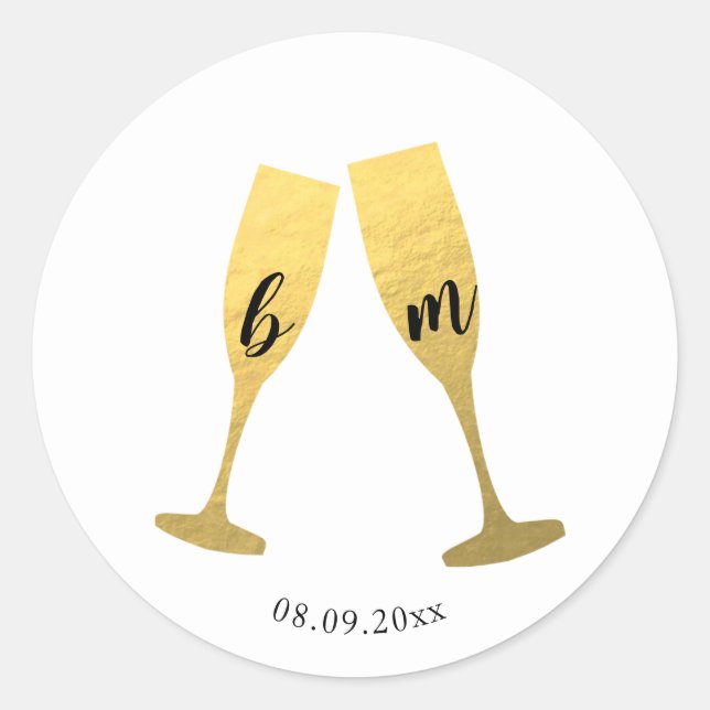 Imitate Gold Foil Champagner Brillen Hochzeitstick Runder Aufkleber (Vorderseite)