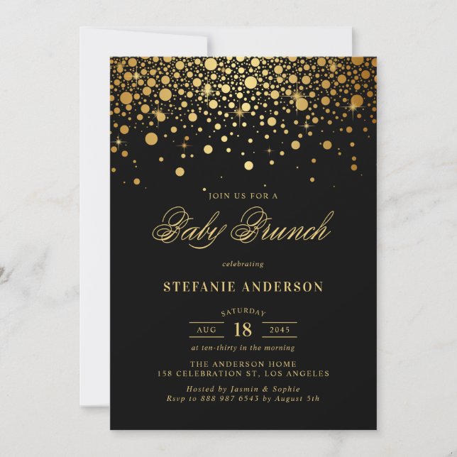 Imitate Gold Foil Confetti Black Baby Brunch Einladung (Vorderseite)