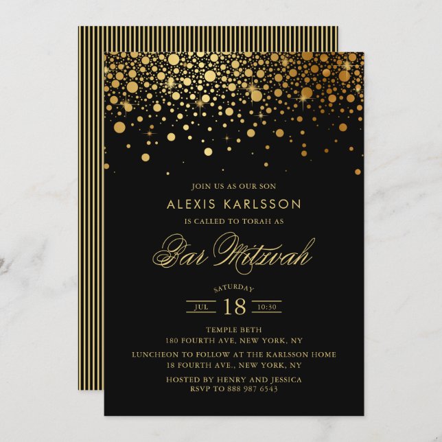 Imitate Gold Foil Confetti Black Bar Mitzvah Einladung (Vorne/Hinten)