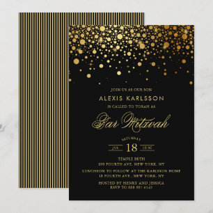 Imitate Gold Foil Confetti Black Bar Mitzvah Einladung