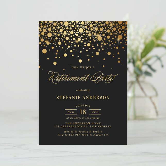 Imitate Gold Foil Confetti Black Retirement Party Einladung (Stehend Vorderseite)
