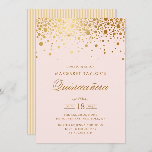 Imitate Gold Foil Confetti Blush Pink Quinceañera Einladung (Vorne/Hinten)