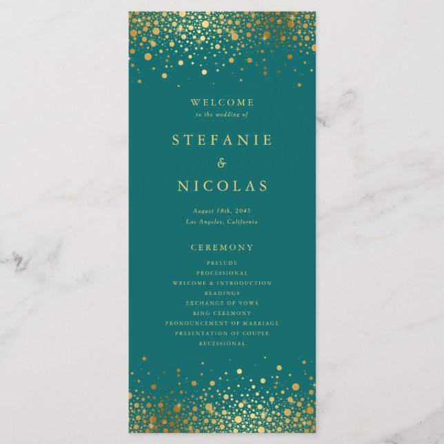 Imitate Gold Foil Confetti Dots Aquamarin Hochzeit Programm (Vorderseite)