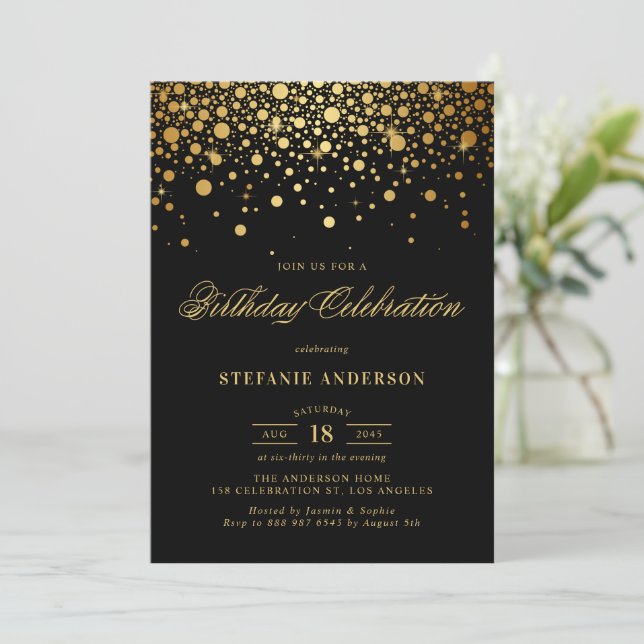 Imitate Gold Foil Confetti Dots Black Geburtstag Einladung (Stehend Vorderseite)