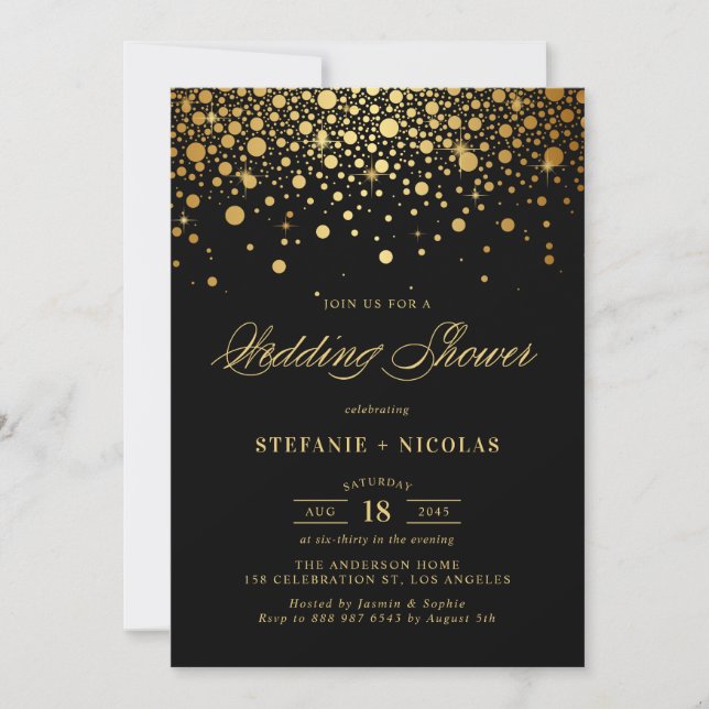 Imitate Gold Foil Confetti Dots Black Polterabend Einladung (Vorderseite)
