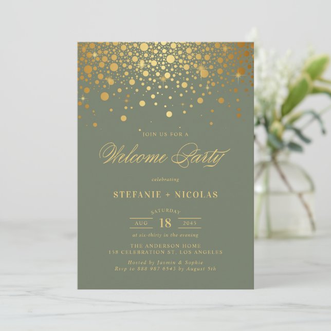 Imitate Gold Foil Confetti Dots Grün Begrüßungs-Pa Einladung (Stehend Vorderseite)