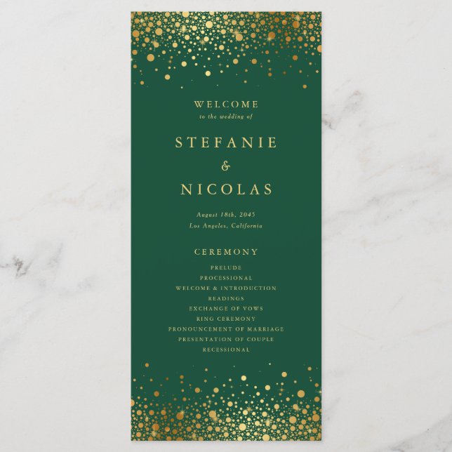 Imitate Gold Foil Confetti Dots Grüne Hochzeit Programm (Vorderseite)