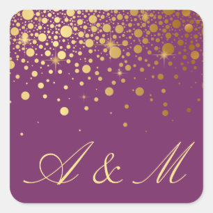 Imitate Gold Foil Confetti Dots Lila Monogramm Quadratischer Aufkleber