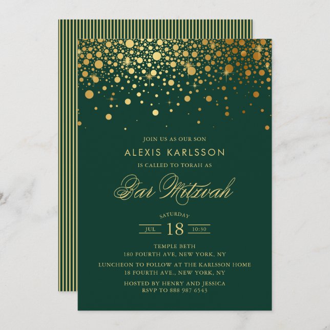 Imitate Gold Foil Confetti Green Bar Mitzvah Einladung (Vorne/Hinten)