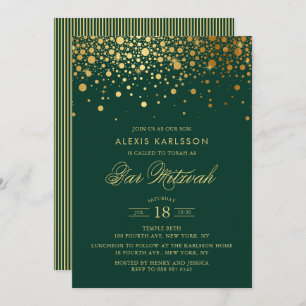 Imitate Gold Foil Confetti Green Bar Mitzvah Einladung