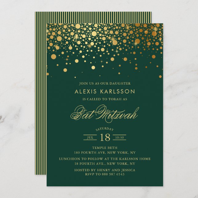 Imitate Gold Foil Confetti Green Bat Mitzvah Einladung (Vorne/Hinten)