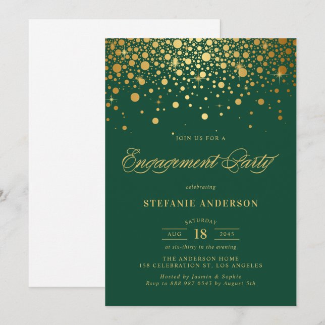 Imitate Gold Foil Confetti Grüne Engagement Partei Einladung (Vorne/Hinten)