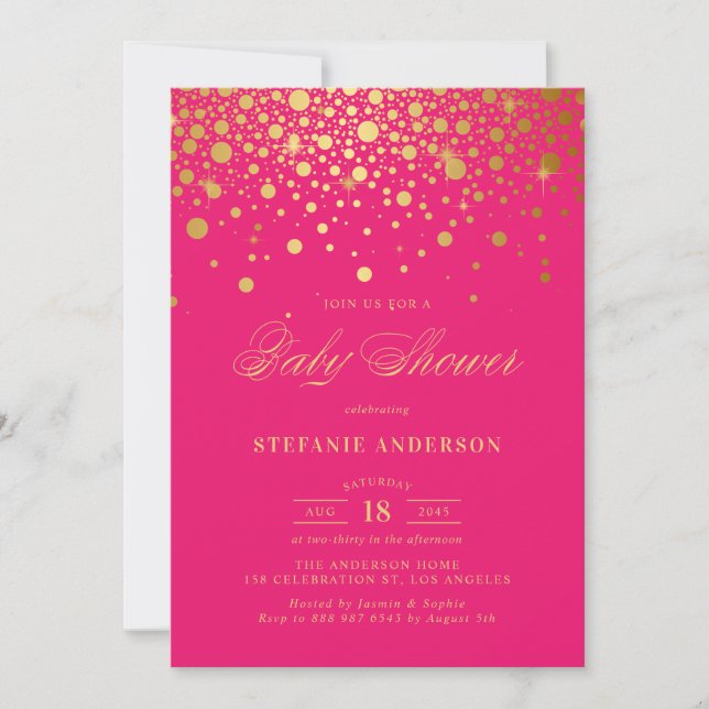 Imitate Gold Foil Confetti Hot Pink Baby Dusche Einladung (Vorderseite)