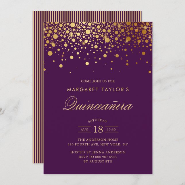 Imitate Gold Foil Confetti Lila Quinceañera Einladung (Vorne/Hinten)