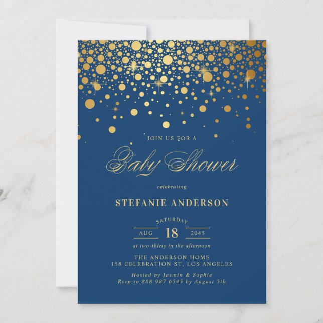 Imitate Gold Foil Confetti Navy Babydusche Einladung (Vorderseite)