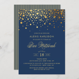Imitate Gold Foil Confetti Navy Blue Bar Mitzvah Einladung