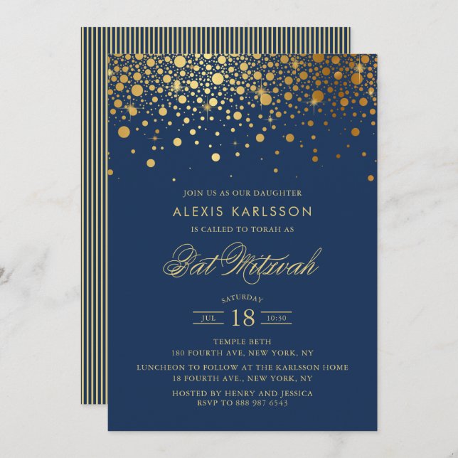 Imitate Gold Foil Confetti Navy Blue Bat Mitzvah Einladung (Vorne/Hinten)
