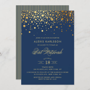 Imitate Gold Foil Confetti Navy Blue Bat Mitzvah Einladung