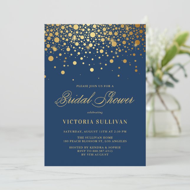 Imitate Gold Foil Confetti Navy Blue Brautparty Einladung (Stehend Vorderseite)