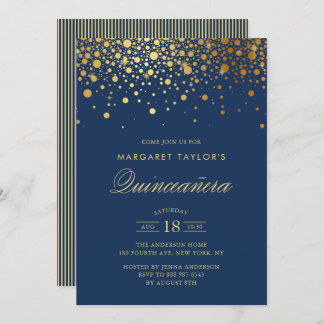 Imitate Gold Foil Confetti Navy Blue Quinceañera Einladung