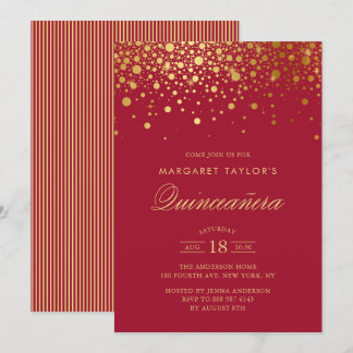 Imitate Gold Foil Confetti Rote Quinceañera Einladung