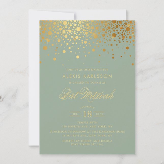 Imitate Gold Foil Confetti Sage Green Bat Mitzvah Einladung (Vorderseite)