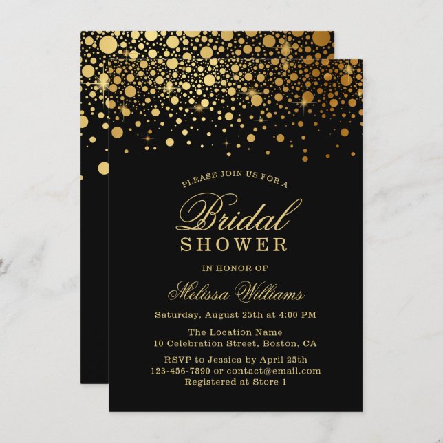 Imitate Gold Foil Confetti | Schwarzes Brautparty Einladung (Vorne/Hinten)