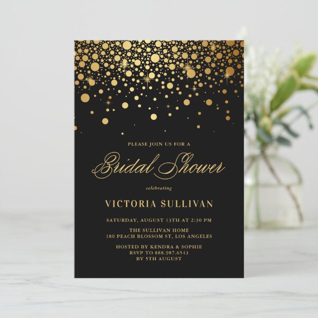 Imitate Gold Foil Confetti Schwarzes Brautparty Einladung (Stehend Vorderseite)