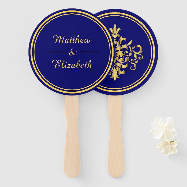 Imitate Gold Foil Damask Royal Blue Wedding Fächer (Vorne und Hinten)
