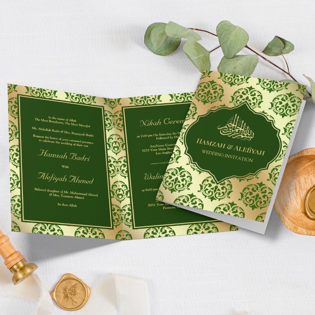 Imitate Gold Foil Dark Green Damask muslimische Ho Einladung (Von Creator hochgeladen)
