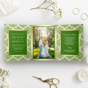 Imitate Gold Foil Green Damask Hochzeitsfest Foto Dreifach Gefaltete Einladung