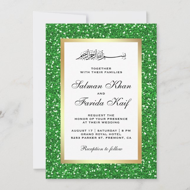Imitate Gold Foil Green Glitzer Islamische Hochzei Einladung (Vorderseite)